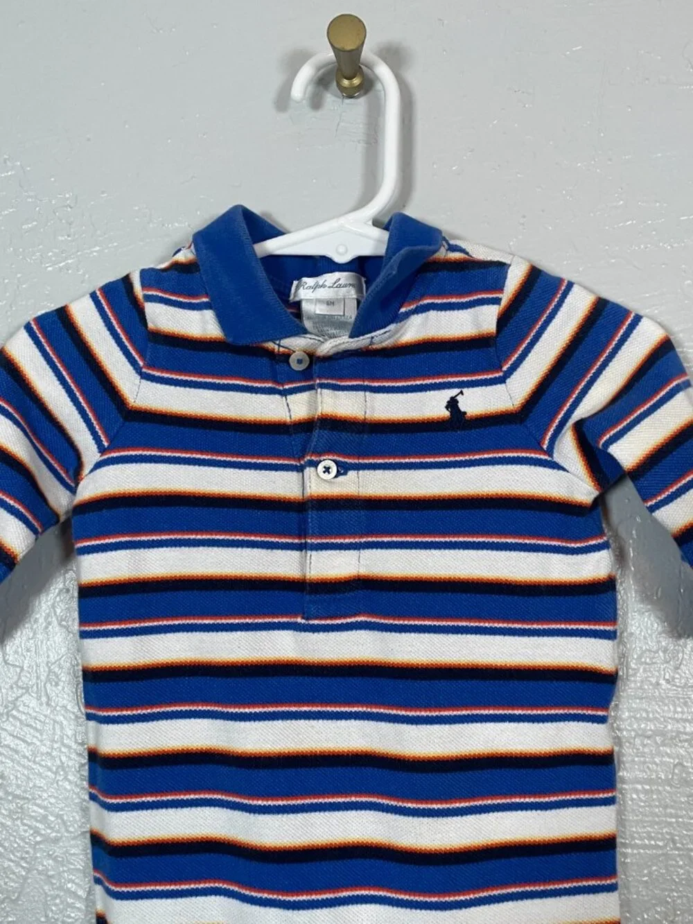 Ralph Lauren Baby 6M Blue White Red Stripe Polo Bodysuit Cotton Knit Long Sleeve